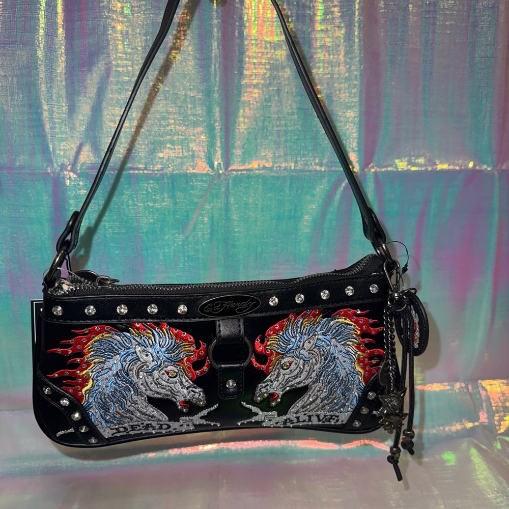 Ed Hardy Black Shoulder Bag with Multicolor Embroidered Horse Design